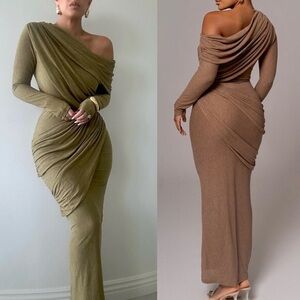 JLUXLABEL brown draped ruched matching 2 piece coord set, midi dress look, NWOT
